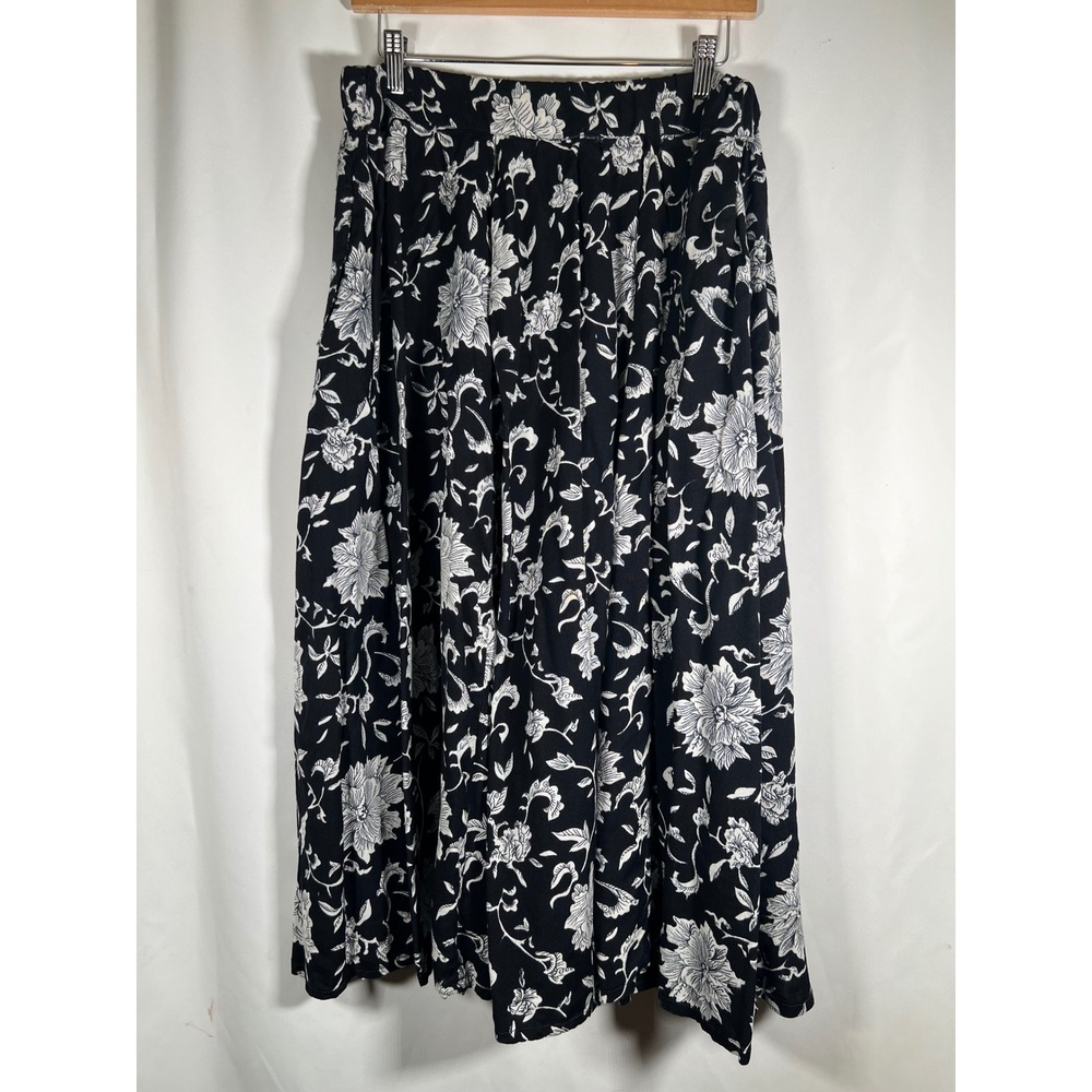Resources Vintage Black White Floral Rayon Midi Skirt Elastic Waist Large Boho